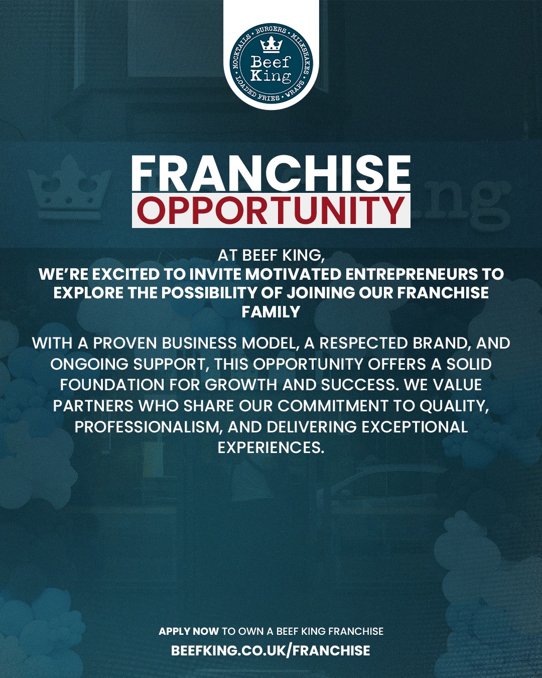 Join the Beef King family and explore a unique franchise opportunity, backed by a trusted brand, proven systems, and dedicated support to help you grow with confidence.If you’re ready to build your own Beef King kingdom, this is your moment.
Email at info@beefking.co.uk or find the link in bio to learn more about franchise opportunities and join the Beef King family.Aberdeen | Addlestone | Aylesbury (Delivery Only) | Blackburn | Brixton | Chesterfield | Dunstable | Guildford | Luton | Sheffield | Slough | Stonehaven | Watford | Woking#Beefking #UKFoodies #UKEats #UKFoodScene #FastFoodUK #BestBurgersUK #Foodstagram #FoodTok #Fyp #Fy #Foodie #Restaurant