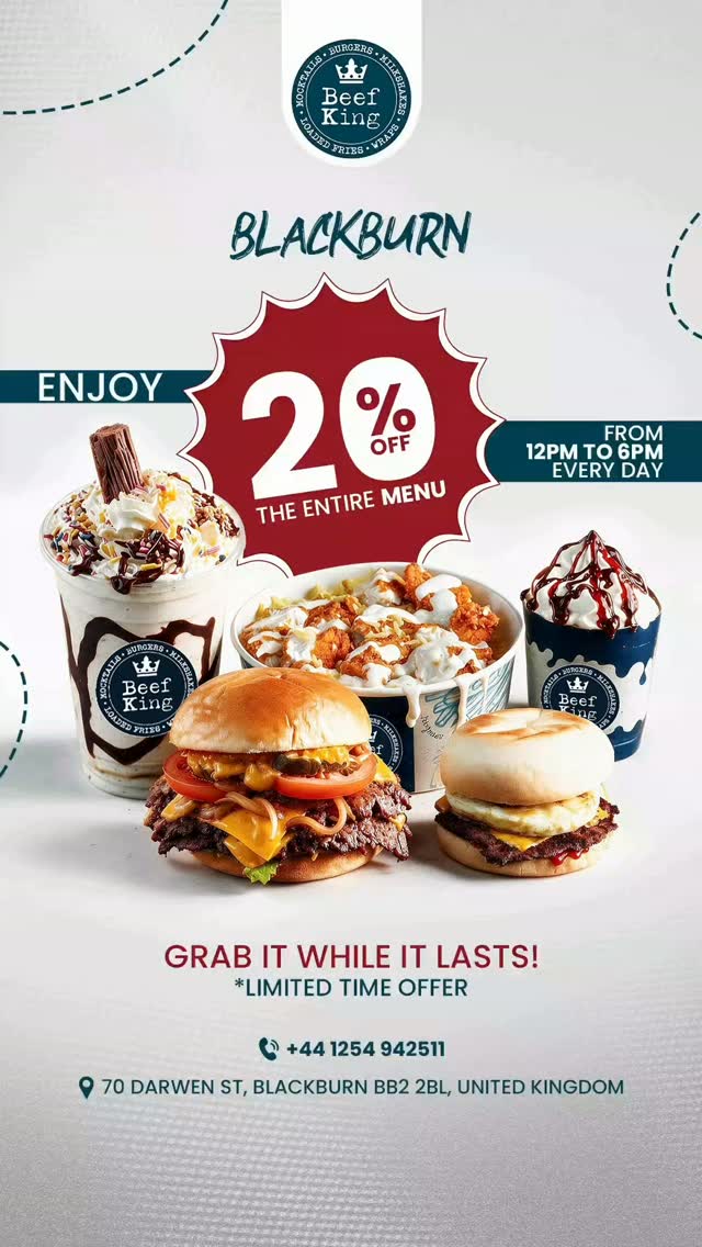 20% OFF THE ENTIRE MENU AT BEEF KING BLACKBURN
Everyday | 12PM - 6PMBlackburn foodies, your lunchtime just got an upgrade.
For a limited time, Beef King Blackburn is giving you 20% OFF the whole menu every single day between 12pm to 6pm.Whether you're craving our signature King Special Curly Fries loaded with juicy beef and BK sauce, Beef Nachos with chilli sauce and jalapenos, smash burgers, wraps, or our famous King's Pack; it’s ALL 20% off.Don’t miss this deal. Come down to Beef King, 70 Darwen Street, Blackburn or order for collection between 12pm - 6pm daily and save big on your favourites.Tag someone who needs a Beef King run.#Beefking #UKFoodies #UKEats #UKFoodScene #Blackburn🔑 Beef burger, Smash burger, Spicy dip, Spicy dip burger, Manchester spicy dip burger